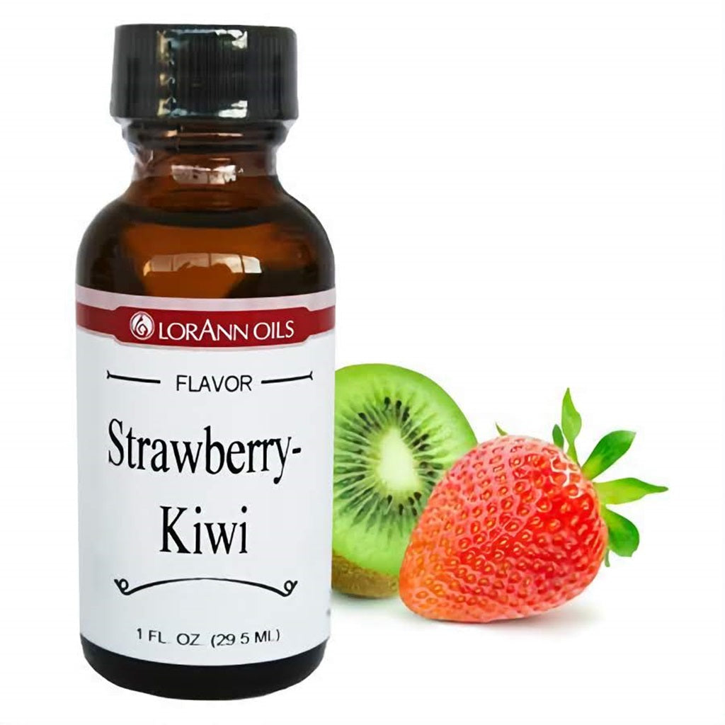 LorAnn Strawberry-Kiwi Flavor extract, with a strawberry and sliced kiwi fruit depicted, perfect for flavoring confectionery and pastries.