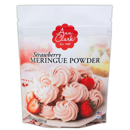 Ann Clark Premium Strawberry Meringue Powder 8 oz bag, featuring an image of pink strawberry meringue cookies with fresh strawberries.