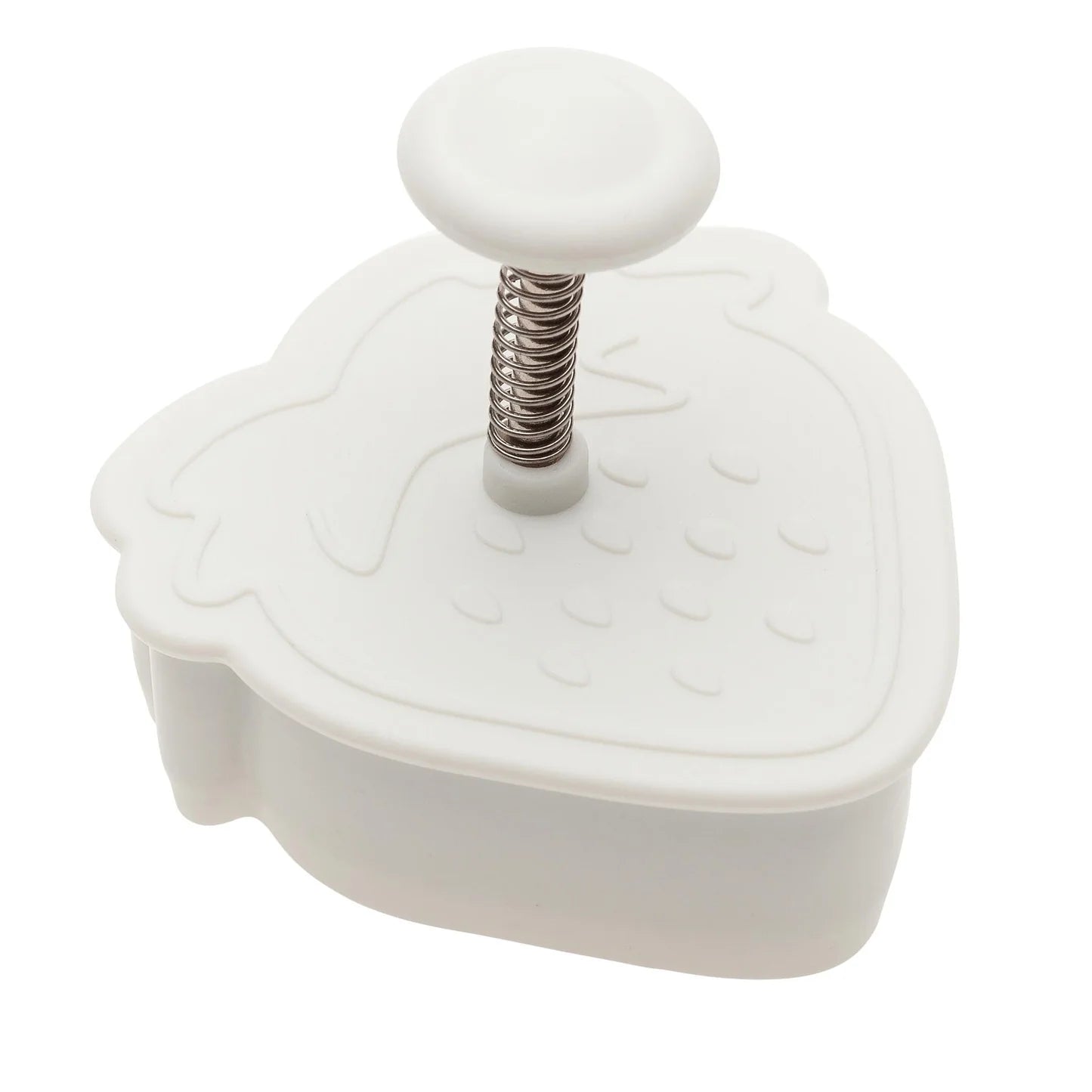 White strawberry-shaped plunger cutter with a spring-loaded handle for easy embossing.