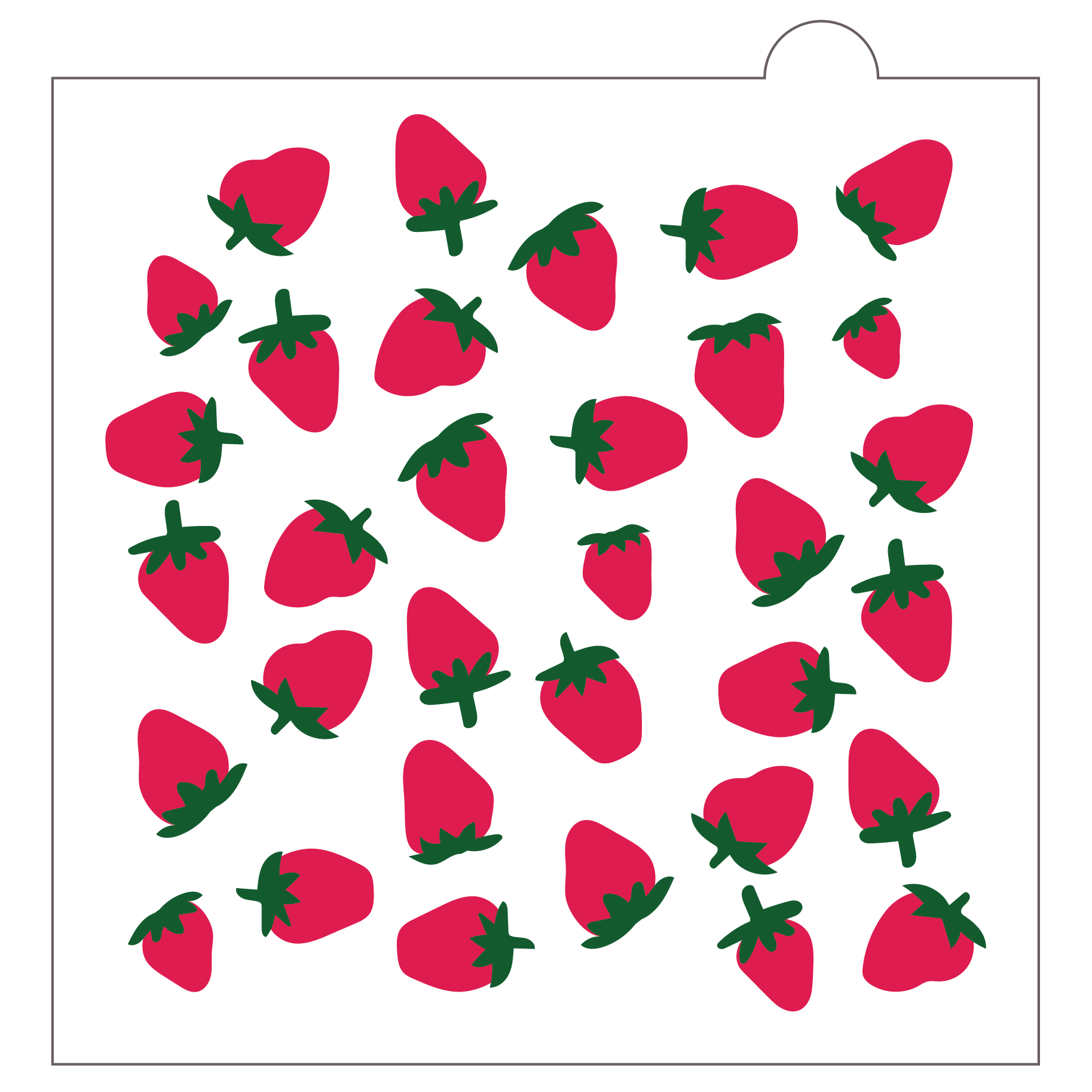Strawberry two-part cookie stencil shown on a white background, featuring a repeating pattern of red strawberries with green leafy tops for decorating sugar cookies