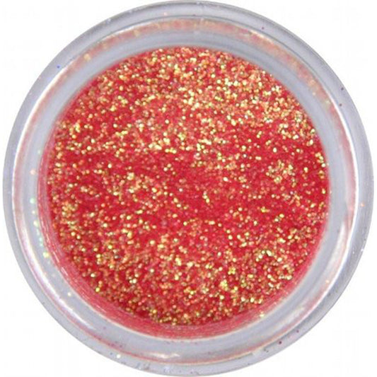 Small jar of strawberry pink glitter dust with gold sparkle, shown from above.
