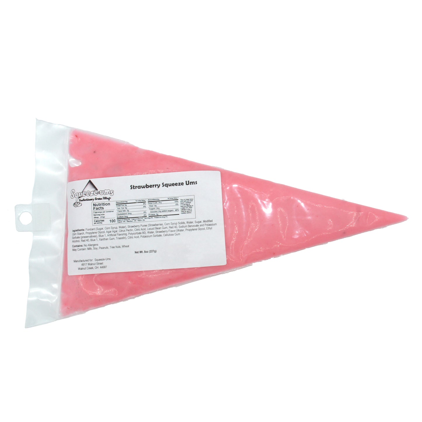 Strawberry Truffle Filling Squeeze-Ums in an 8 oz bag, strawberry-flavored soft candy center filling for truffles and chocolates.