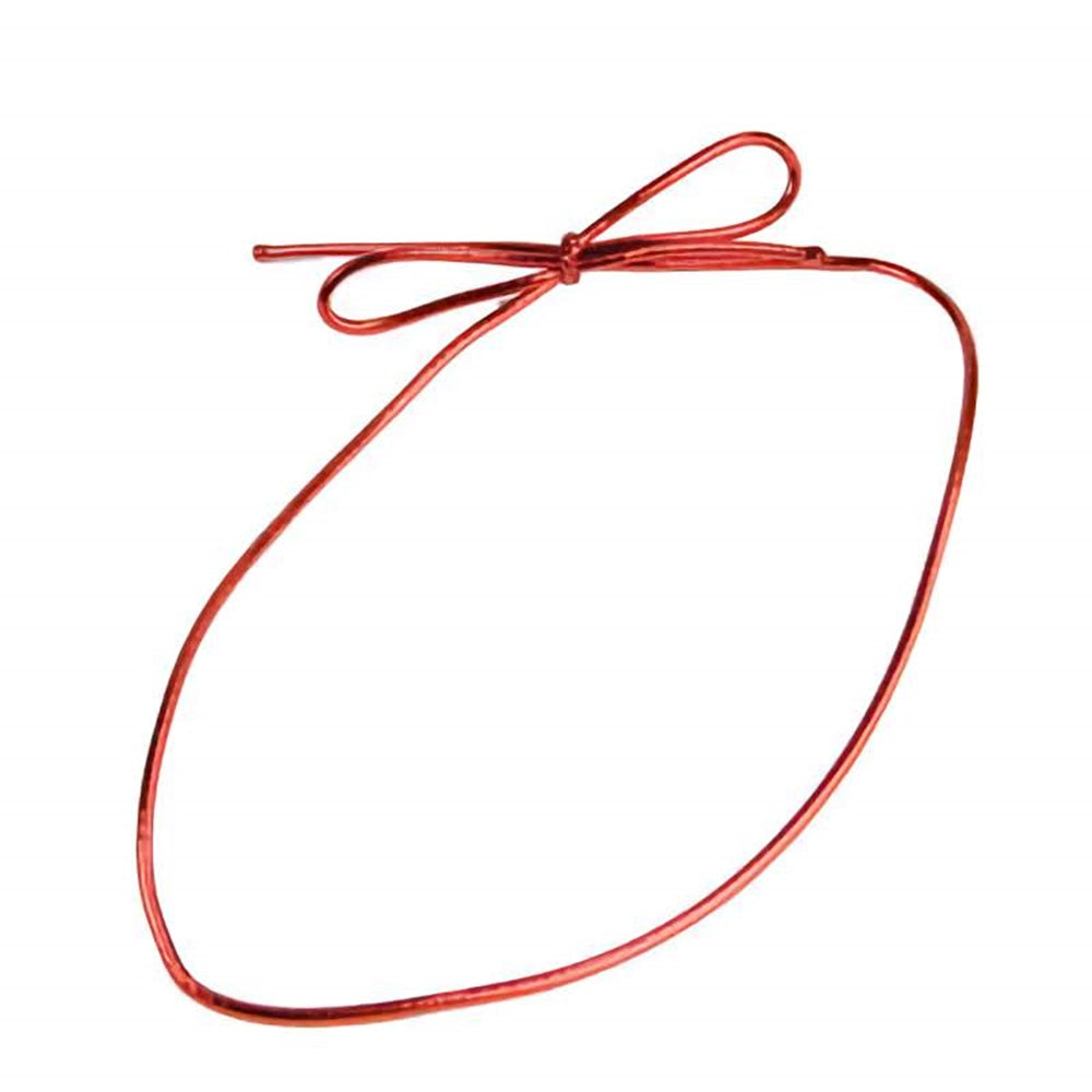 A single metallic red stretch loop elegantly tied into a bow. The loop creates an oval shape with the bow centered at the top, against a white background. The shiny, ribbon-like texture of the loop reflects light, giving it a festive and decorative appearance.