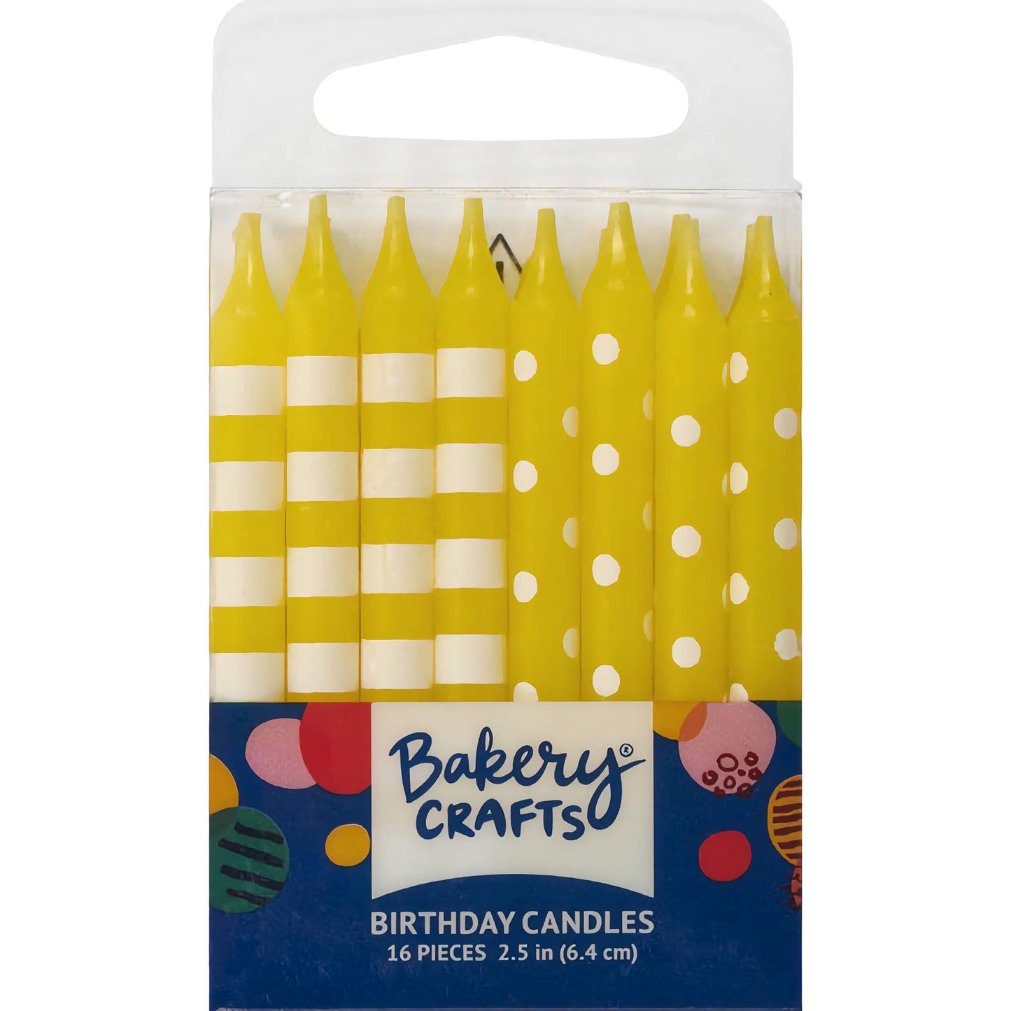 Pack of 16 Stripe & Dots Yellow Birthday Candles, each 2.5 inches tall, featuring a mix of white stripes and polka dots on a vibrant yellow background, perfect for any age and celebration.