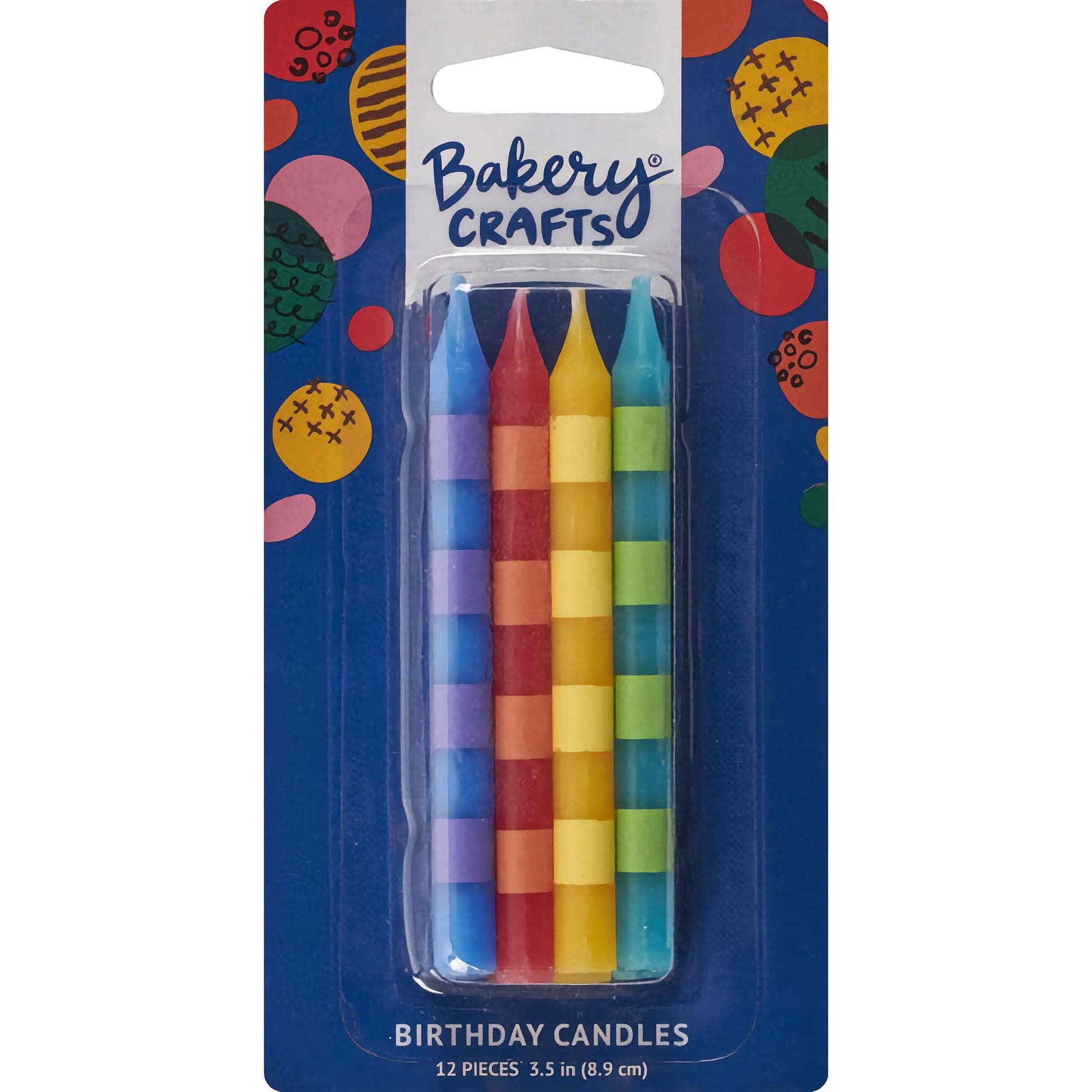 Pack of 12 Striped Multi-Colored Birthday Candles, each 3.5 inches tall, featuring bright stripes in blue, red, yellow, and green, perfect for adding a festive touch to any cake.