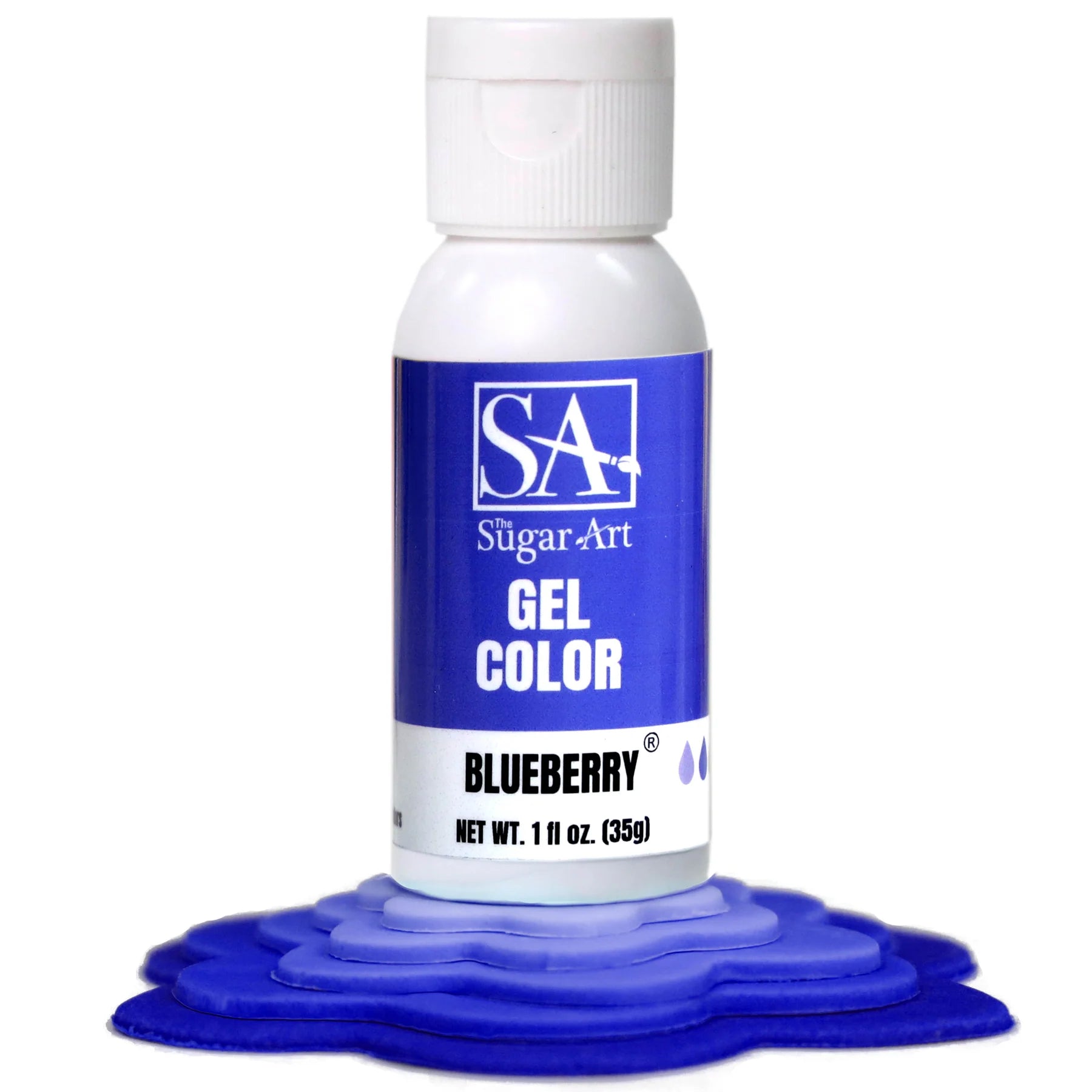 A bottle of Sugar Art Intense Gel Food Coloring in a vibrant shade, shown with the color swatch under each bottle.
