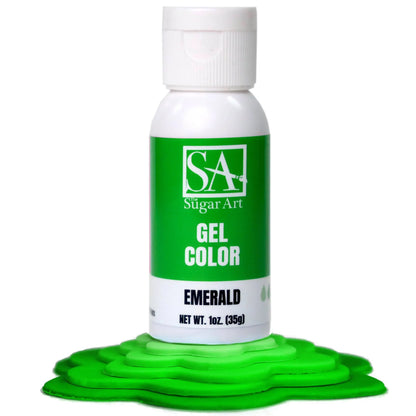 A bottle of Sugar Art Intense Gel Food Coloring in a vibrant shade, shown with the color swatch under each bottle.