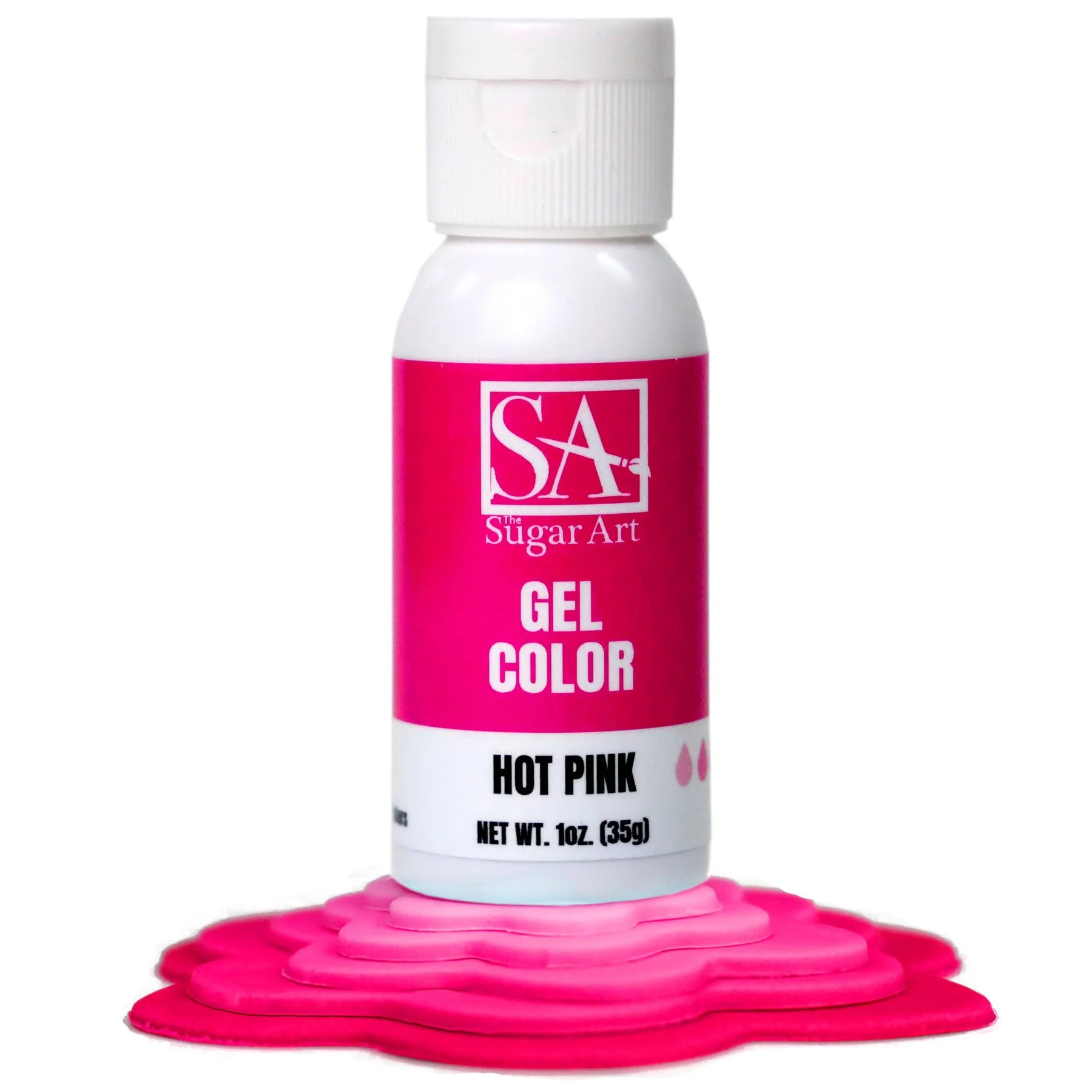 A bottle of Sugar Art Intense Gel Food Coloring in a vibrant shade, shown with the color swatch under each bottle.