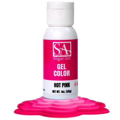 A bottle of Sugar Art Intense Gel Food Coloring in a vibrant shade, shown with the color swatch under each bottle.