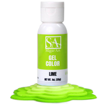 A bottle of Sugar Art Intense Gel Food Coloring in a vibrant shade, shown with the color swatch under each bottle.