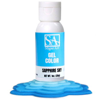 A bottle of Sugar Art Intense Gel Food Coloring in a vibrant shade, shown with the color swatch under each bottle.