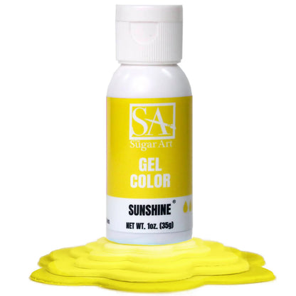 A bottle of Sugar Art Intense Gel Food Coloring in a vibrant shade, shown with the color swatch under each bottle.