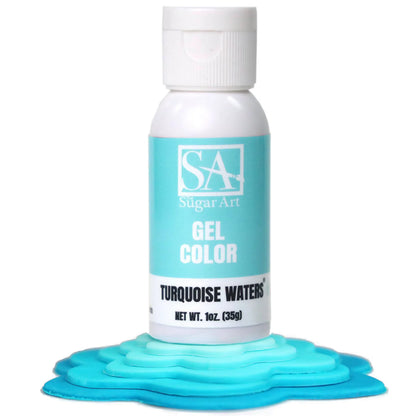 A bottle of Sugar Art Intense Gel Food Coloring in a vibrant shade, shown with the color swatch under each bottle.