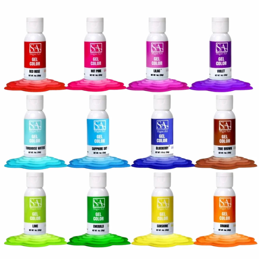 12-bottle Sugar Art Intense Gel Food Coloring Set with vibrant shades including red, pink, purple, blue, green, yellow, orange, and brown, shown with color swatches under each bottle.