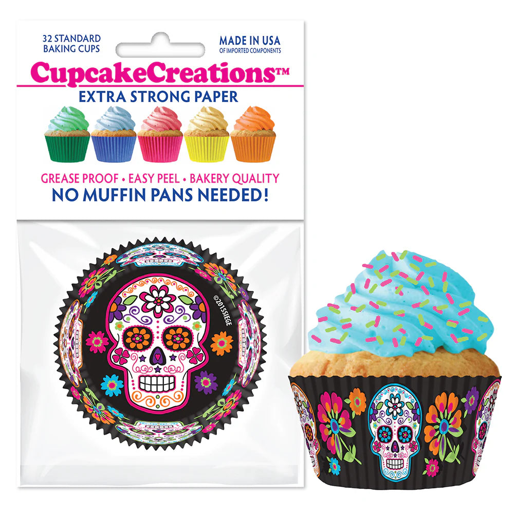 Colorful sugar skull baking cups in vibrant floral patterns, 32-pack, showcasing greaseproof, oven-safe features ideal for festive baking occasions.