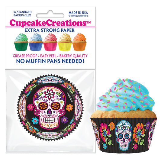 Colorful sugar skull baking cups in vibrant floral patterns, 32-pack, showcasing greaseproof, oven-safe features ideal for festive baking occasions.