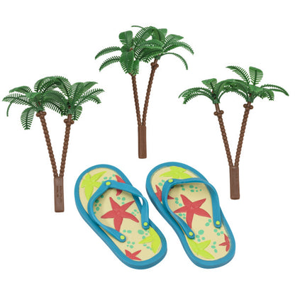 Life’s a Beach DecoSet® featuring a pair of flip-flop decorations with a tropical design and three palm tree picks.