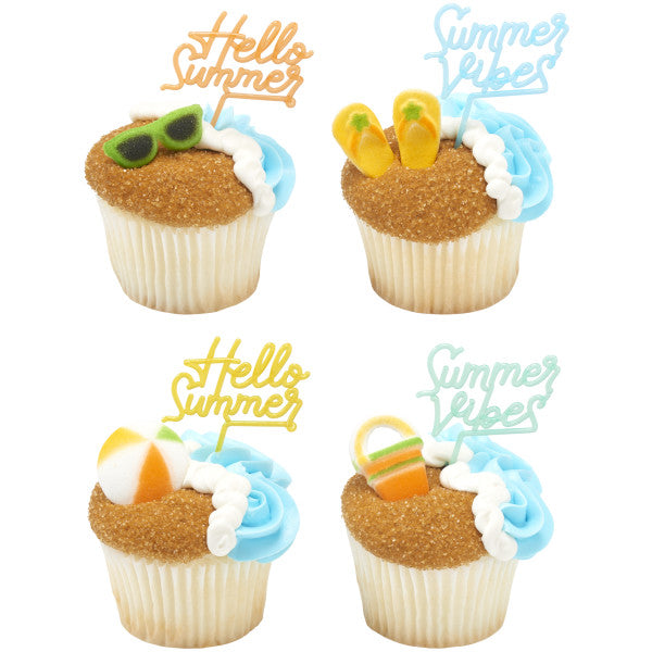Beach-themed cupcakes decorated with summer topper picks, flip-flops, sunglasses, and ocean-blue frosting.