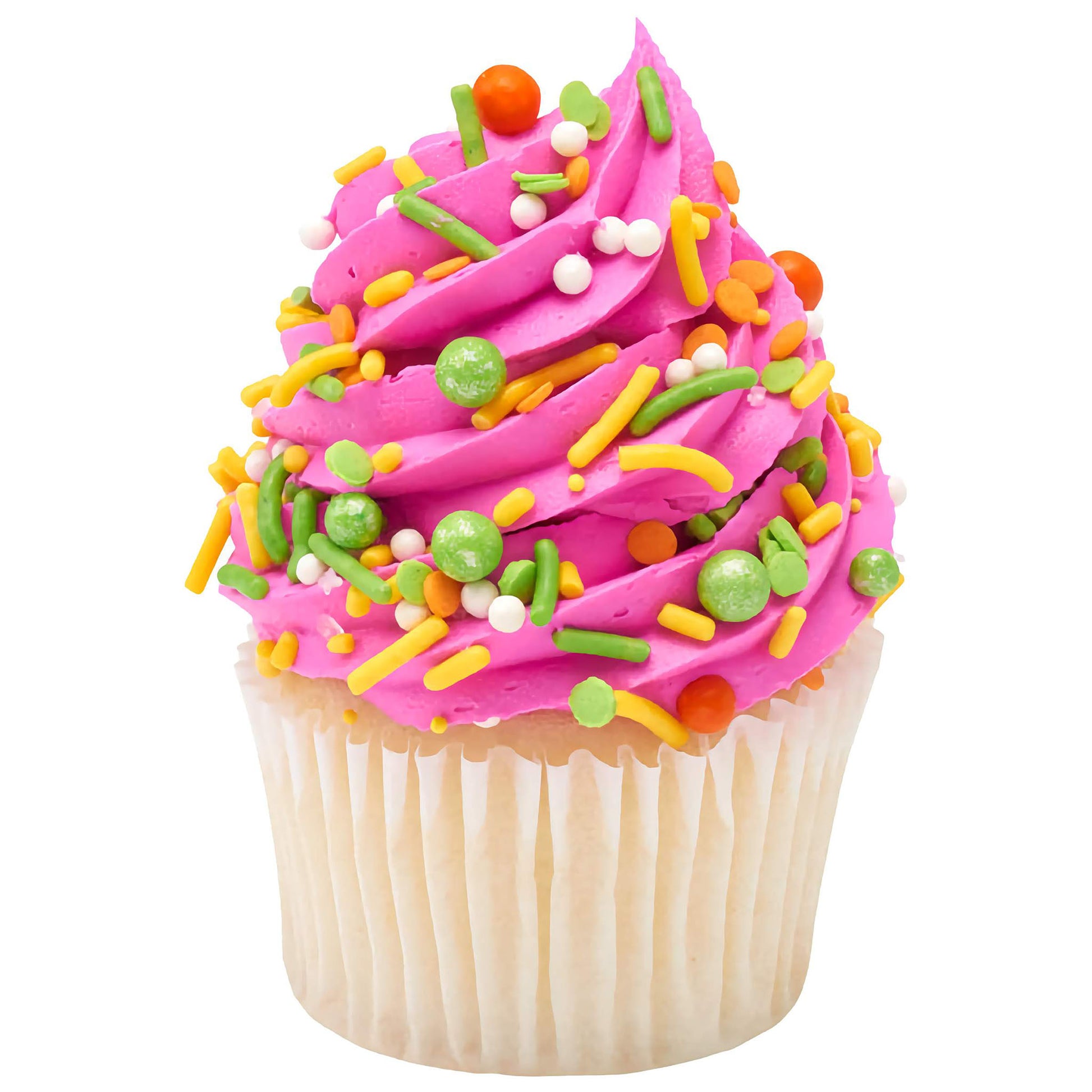A delicious cupcake topped with bright pink frosting and decorated with the Summer Vibes Deluxe Sprinkle Blend, adding a playful and colorful touch with its variety of shapes and cheerful colors.