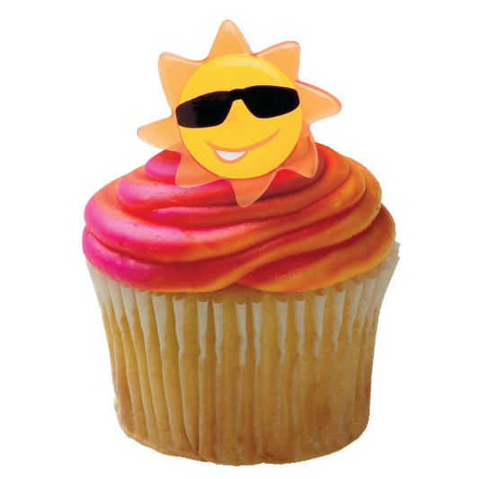A cupcake with swirled red and orange frosting topped with a smiling sun wearing sunglasses.