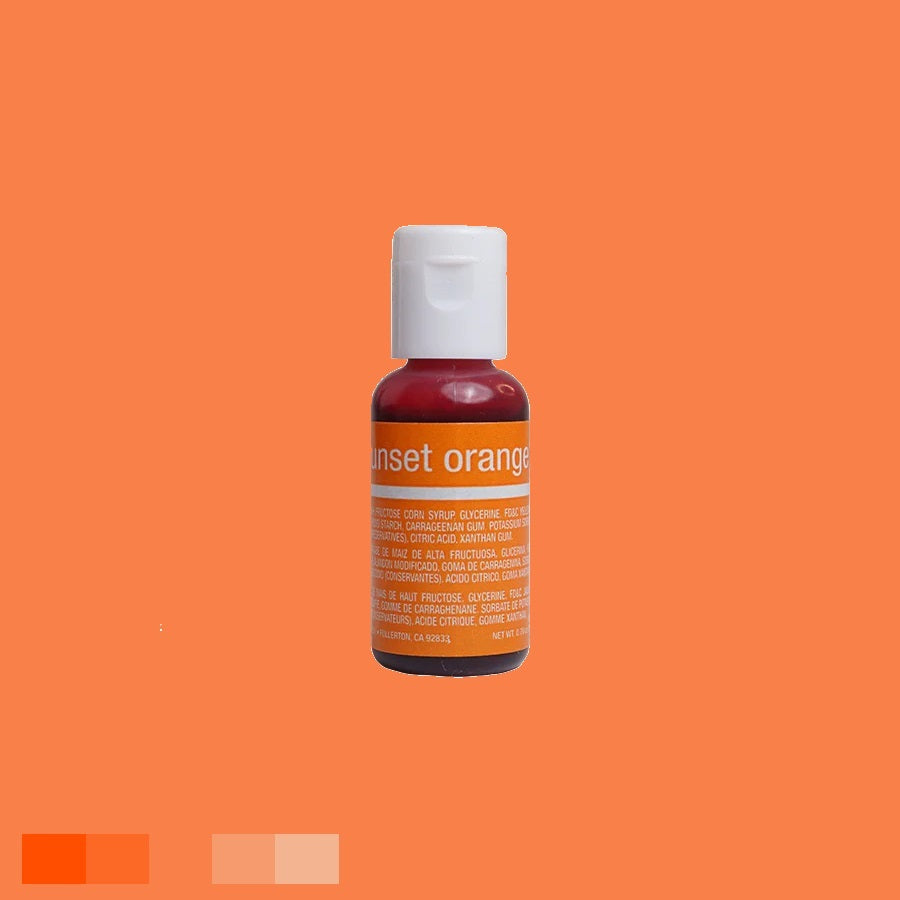 Sunset orange Chefmaster liqua-gel bottle, 0.70 oz, for warm-toned baking creations, with secure white top, on a complementary orange backdrop.