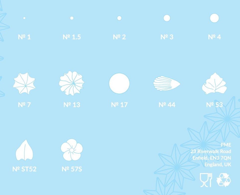Piping pattern guide showing the results of each of the 12 PME SupaTube nozzles.
