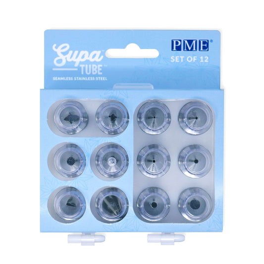 PME SupaTube nozzles neatly displayed in a blue plastic storage case.