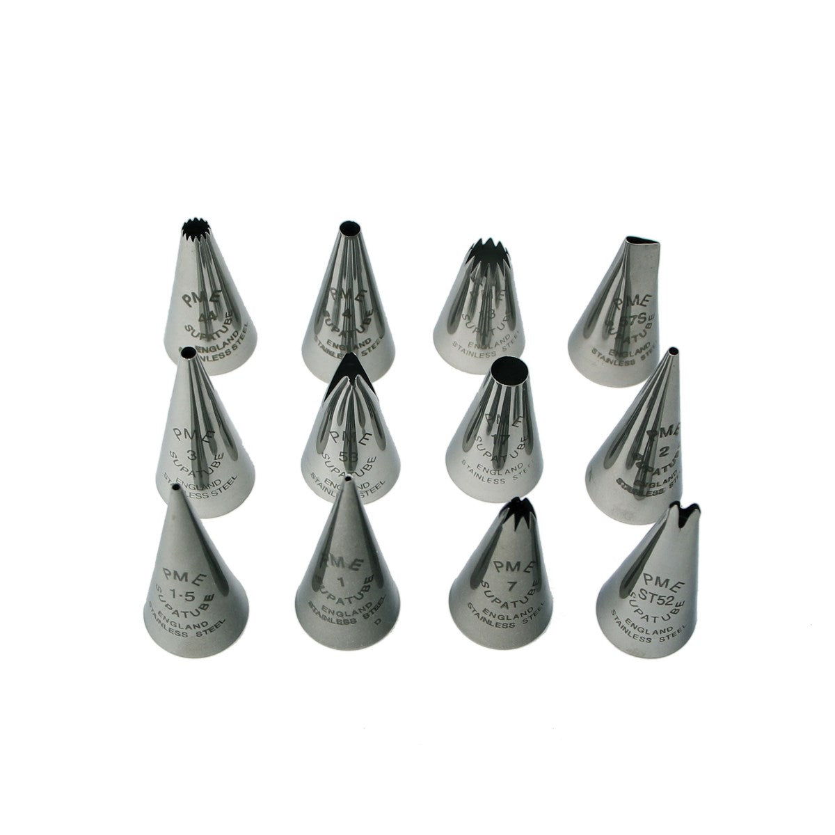 PME SupaTube piping nozzle set of 12 in stainless steel for professional cake decorating.