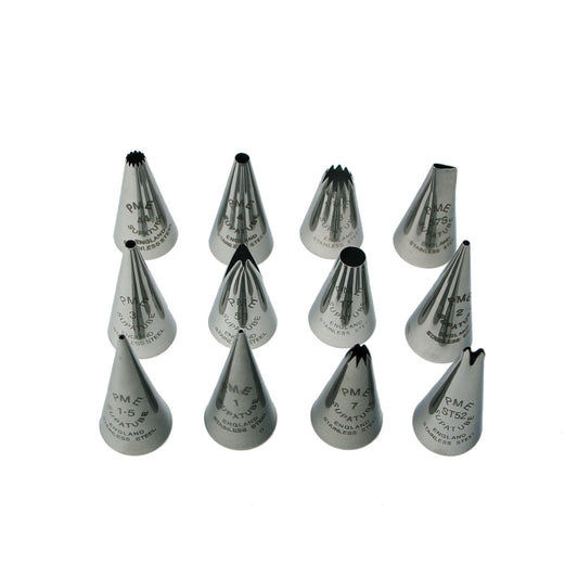 PME SupaTube piping nozzle set of 12 in stainless steel for professional cake decorating.