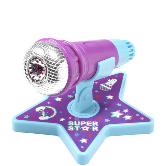 A close-up of the Super Star DecoSet featuring a purple and blue echo microphone on a star-shaped base decorated with colorful stars and music-themed graphics.