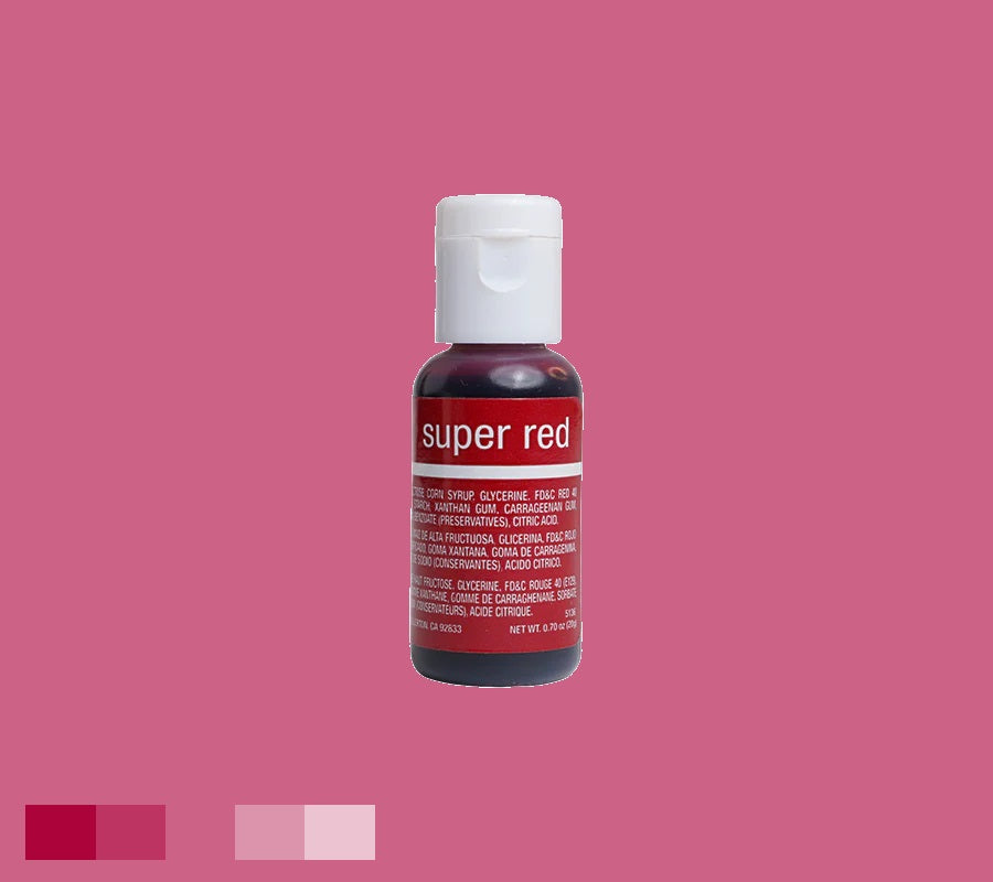 Vivid Super Red Chefmaster liqua-gel food coloring, 0.70 oz, perfect for vibrant red velvet cakes, with white cap and detailed labeling, against a pink background.