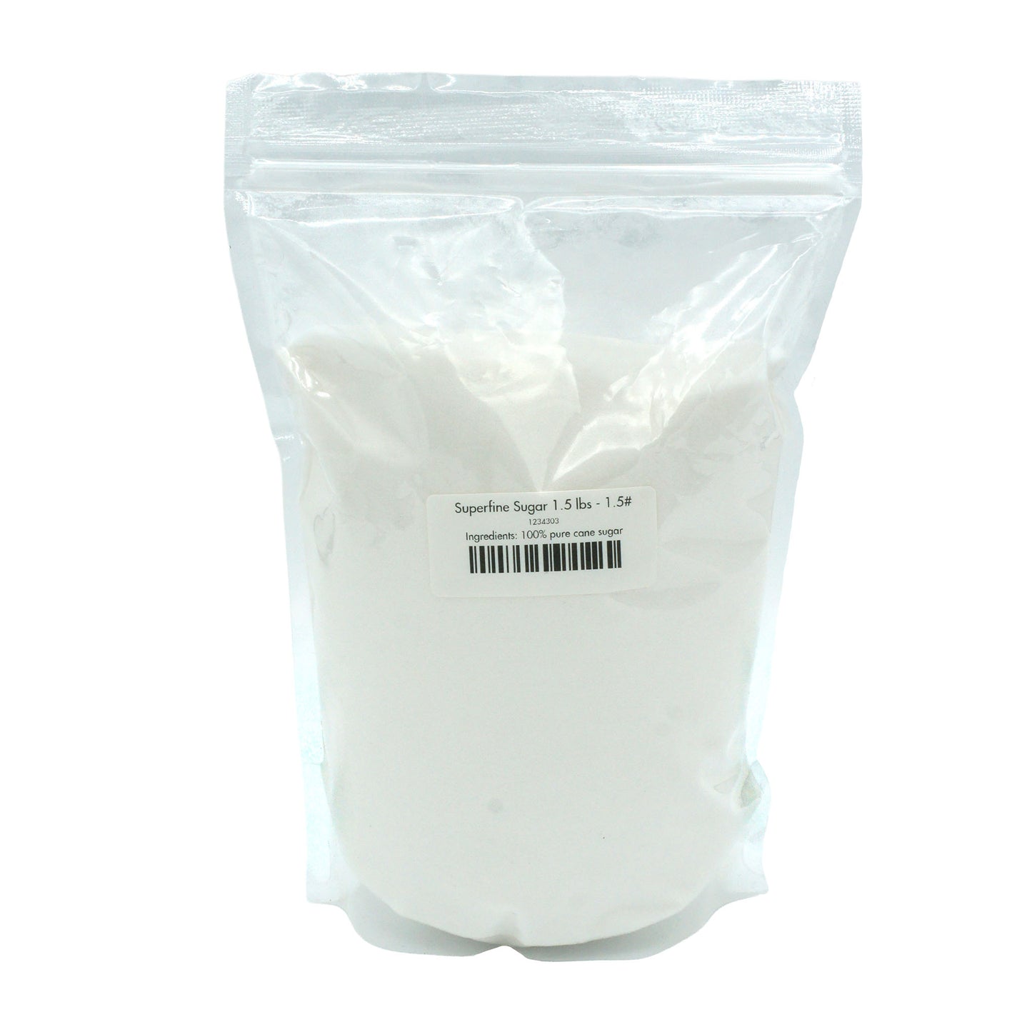 Clear resealable bag of superfine sugar labeled "Superfine Sugar 1.5 lbs – 100% pure cane sugar," ideal for baking and confectionery.