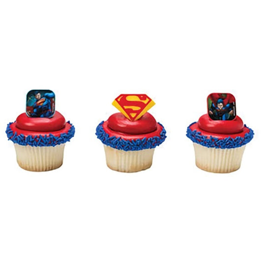 Action-packed cupcakes topped with superman-themed emblems and character images in flight, framed by vibrant red and blue icing swirls, perfect for kids' birthday parties and comic book fan celebrations.