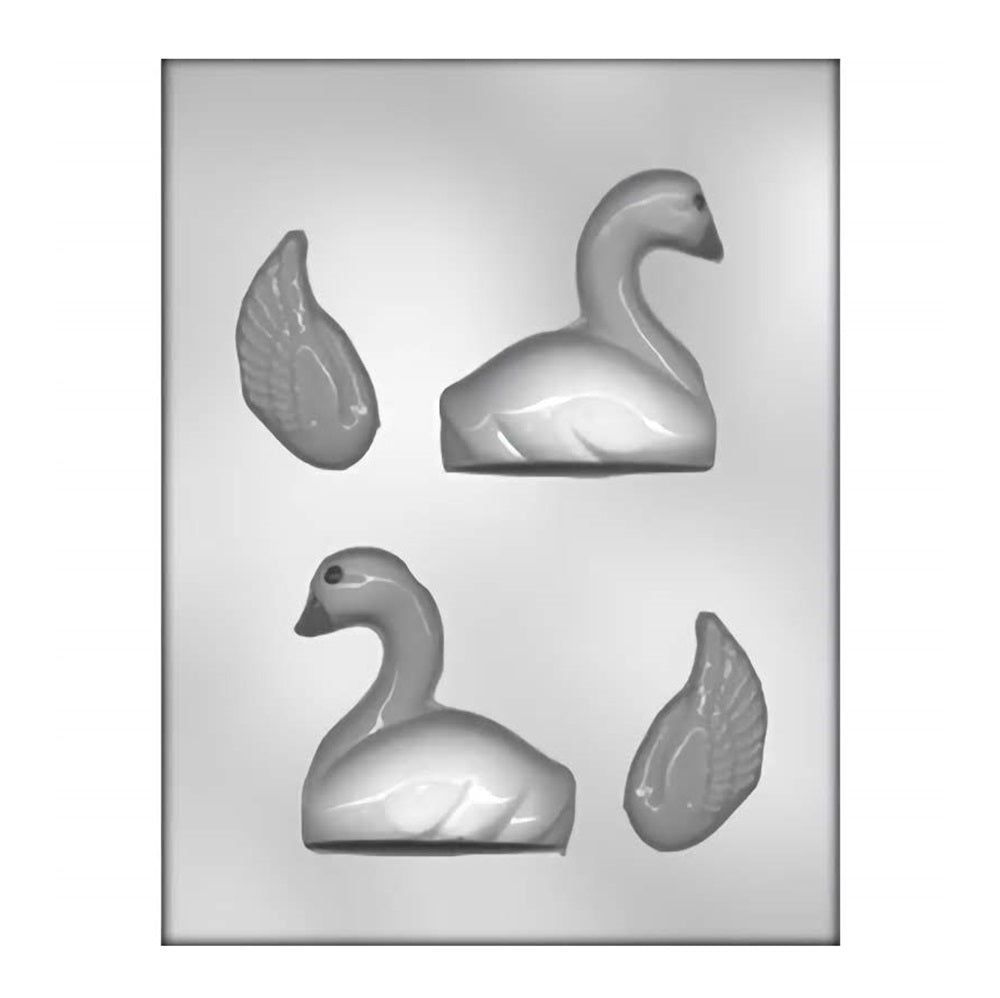 A photo of a two-part chocolate mold that forms three-dimensional swans with detailed feathers and curved necks, ideal for elegant event favors or decorations.