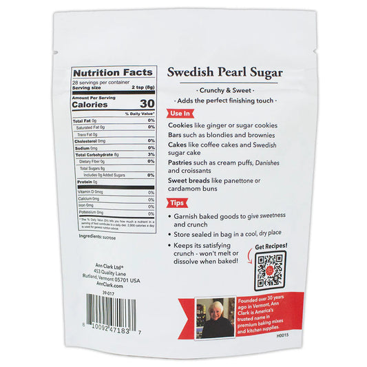 Back of Ann Clark Swedish Pearl Sugar package with usage ideas, nutrition facts, and baking tips for cookies, pastries, and breads.