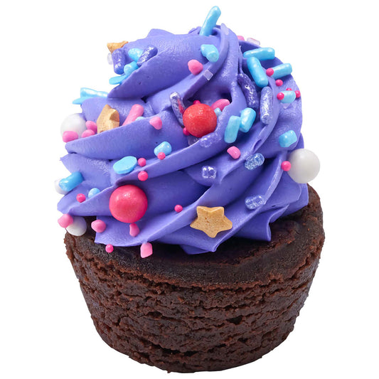 Chocolate brownie topped with rich purple frosting and decorated with Sweet Tooth Deluxe Sprinkle Blend, featuring colorful candy stars and rods, ideal for adding a festive touch to desserts.