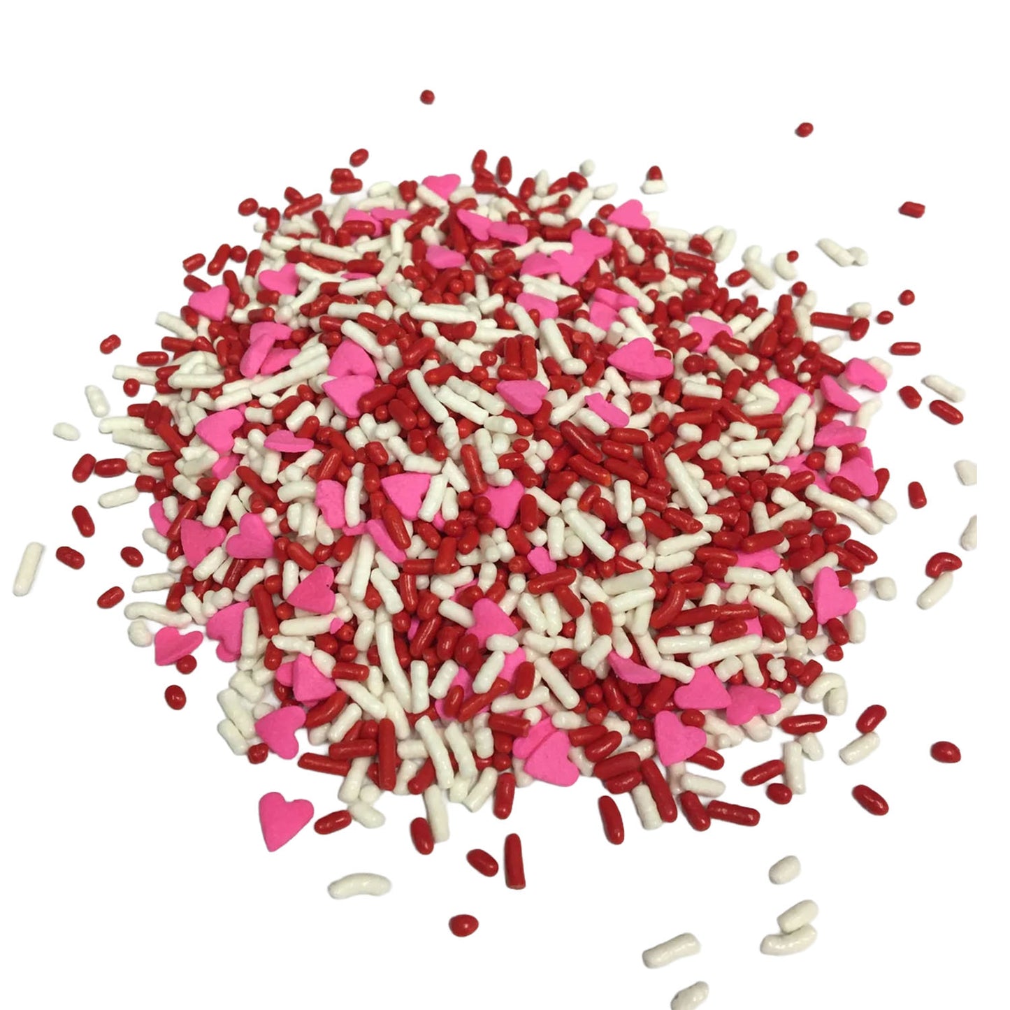 Pile of Valentine sprinkle mix with red and white jimmies and bright pink heart-shaped sprinkles scattered on a white background.