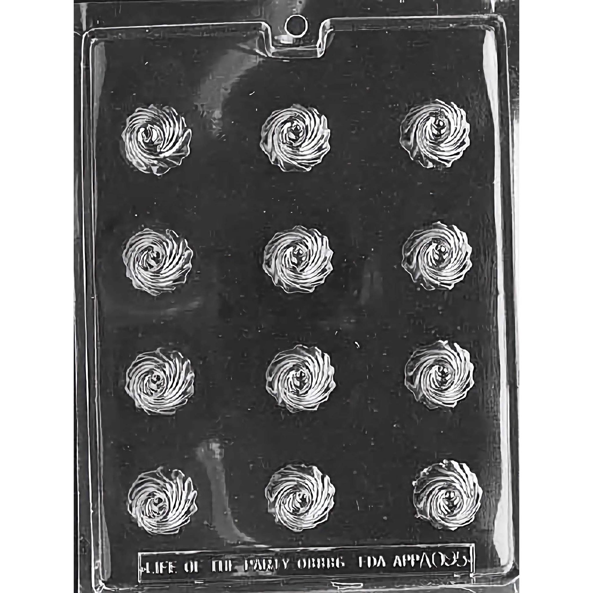 Clear plastic chocolate mold with twelve cavities, each designed to create swirl-patterned bon-bons. The mold is arranged in four rows of three cavities each. Each cavity features a detailed, circular swirl design, perfect for crafting elegant bon-bon chocolates. The mold is displayed against a black background to highlight the intricate swirl details.