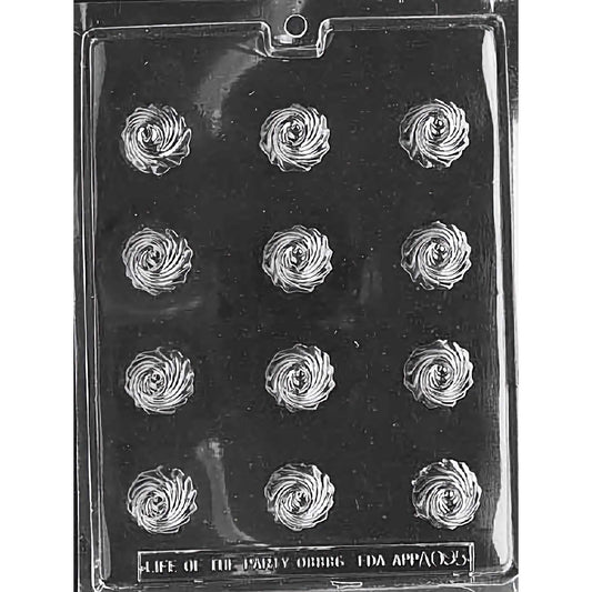 Clear plastic chocolate mold with twelve cavities, each designed to create swirl-patterned bon-bons. The mold is arranged in four rows of three cavities each. Each cavity features a detailed, circular swirl design, perfect for crafting elegant bon-bon chocolates. The mold is displayed against a black background to highlight the intricate swirl details.