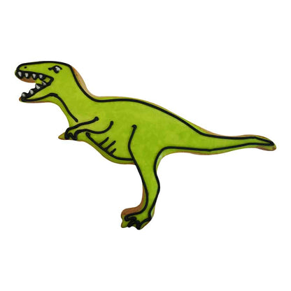 Green T-Rex-shaped cookie decorated with black icing details for eyes, mouth, and claws.