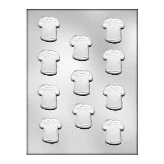 Chocolate mold sheet featuring eleven raised t-shirt shapes for creating themed chocolates, ideal for personalized treats for casual events or clothing store promotional items.