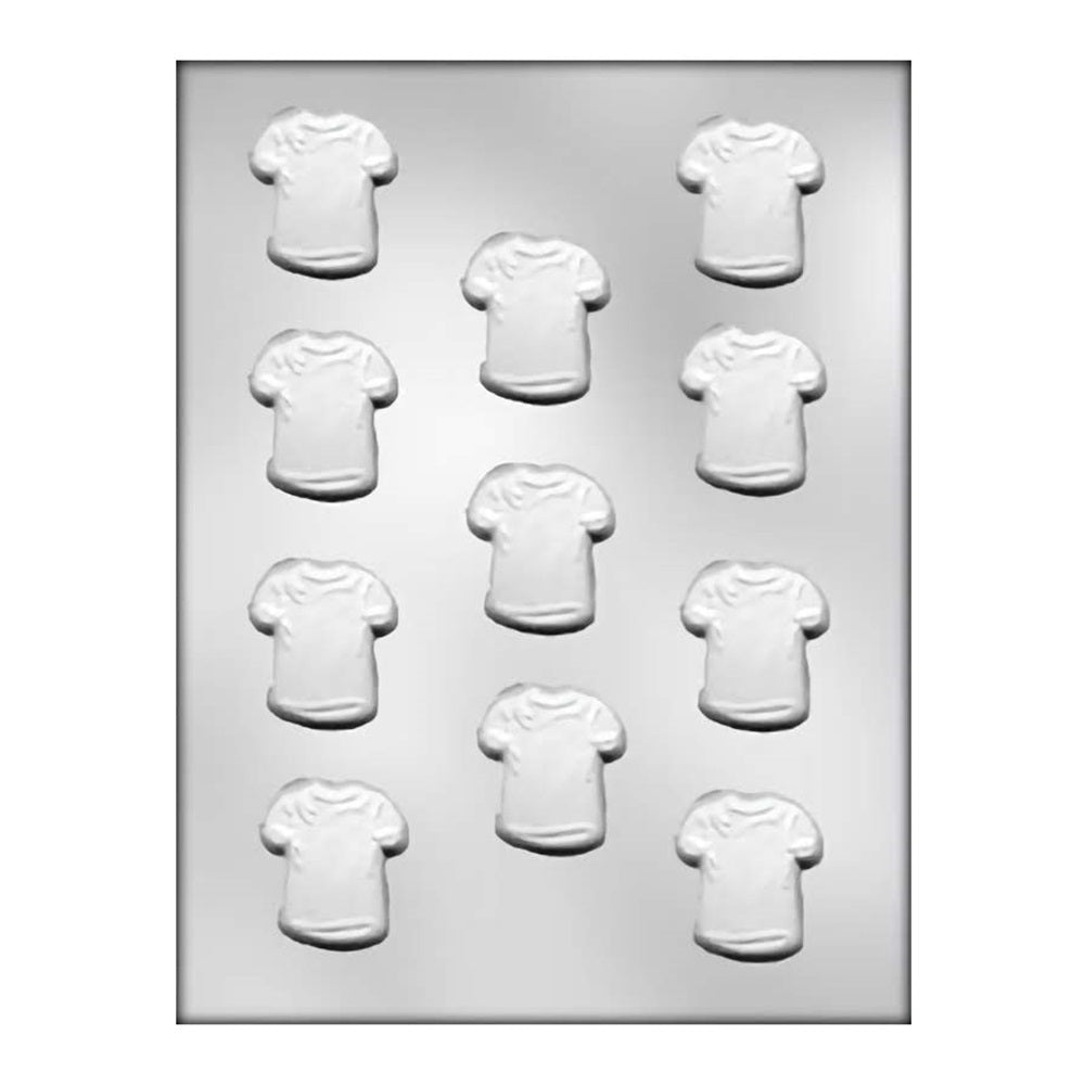 Chocolate mold sheet featuring eleven raised t-shirt shapes for creating themed chocolates, ideal for personalized treats for casual events or clothing store promotional items.