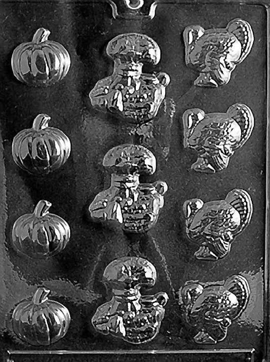THANKSGIVING ASSORTMENT chocolate mold with seasonal cavity shapes; clear sheet.