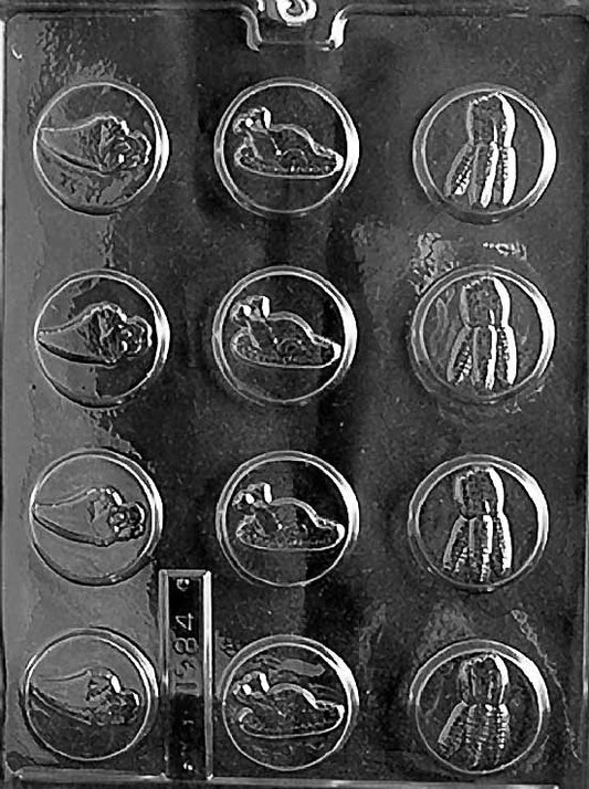 THANKSGIVING MINTS chocolate mold with round cavities embossed with Thanksgiving motifs; clear mold.