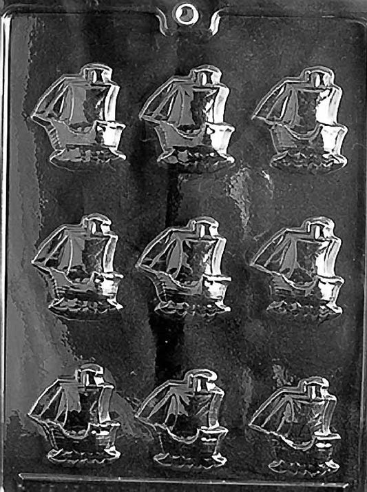 MAYFLOWER chocolate mold with small ship-shaped cavities resembling Mayflower; clear sheet.
