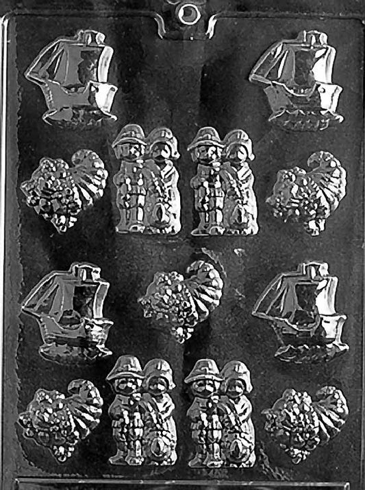 Bite-Sized ASSORTMENT chocolate mold with assorted cavities featuring fall motifs; clear sheet.