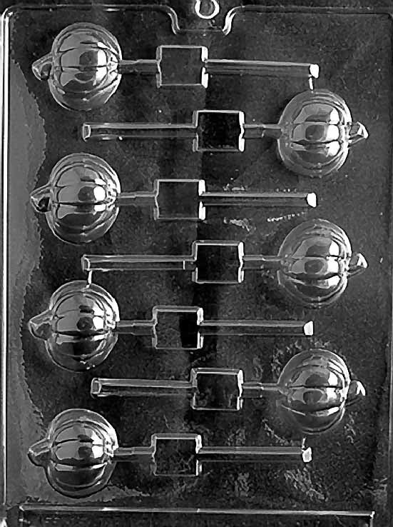 PUMPKIN Lollipop chocolate mold with round pumpkin lollipop cavities showing stem detail; clear sheet.