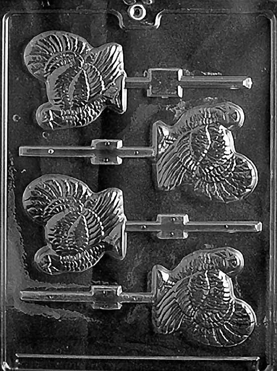 TURKEY Lollipop chocolate mold with turkey-shaped lollipop cavities featuring feather detail; clear sheet.