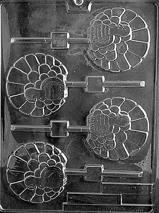 FANCY TURKEY Lollipop chocolate mold with round lollipop cavities featuring ornate turkey design; clear mold.