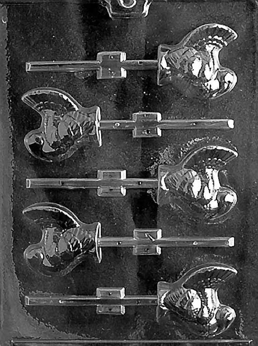 SMALL TURKEY Lollipop chocolate mold with small lollipop cavities shaped like turkeys; clear sheet.